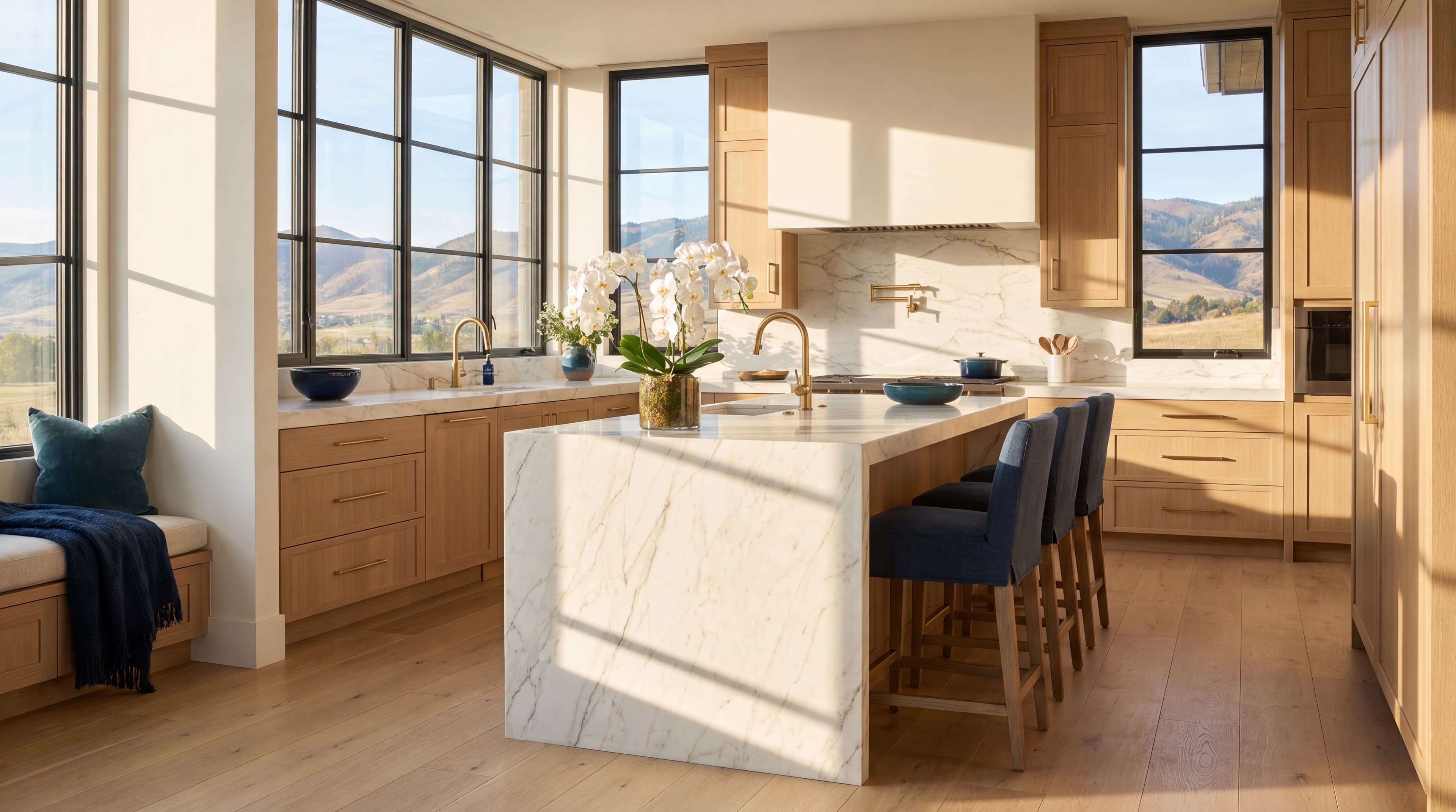 Sun-drenched luxury kitchen, marble island freshly cleaned