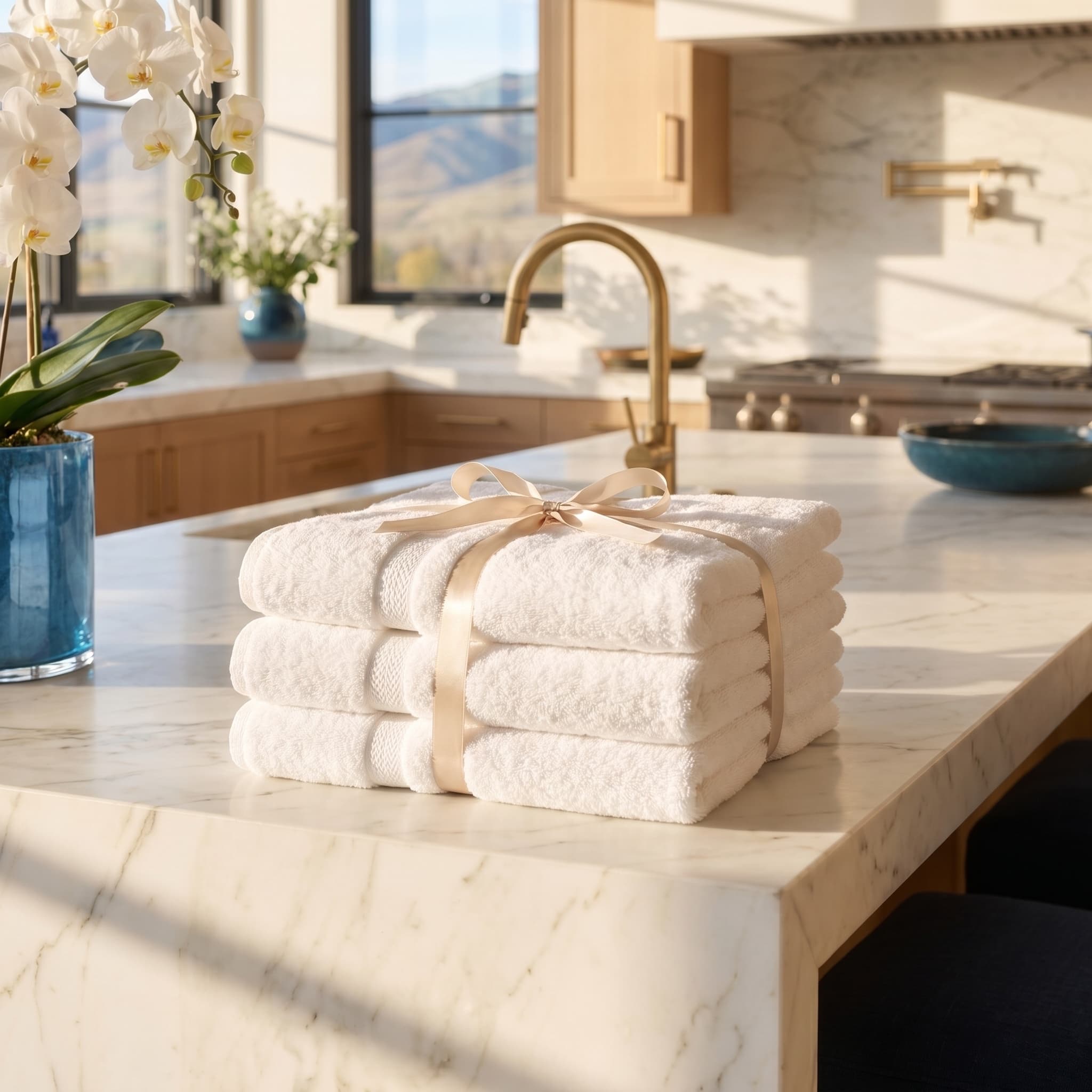 Precisely folded white towels on honed marble
